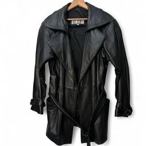 VTG 90s NY Line Black leather trench coat grunge goth punk